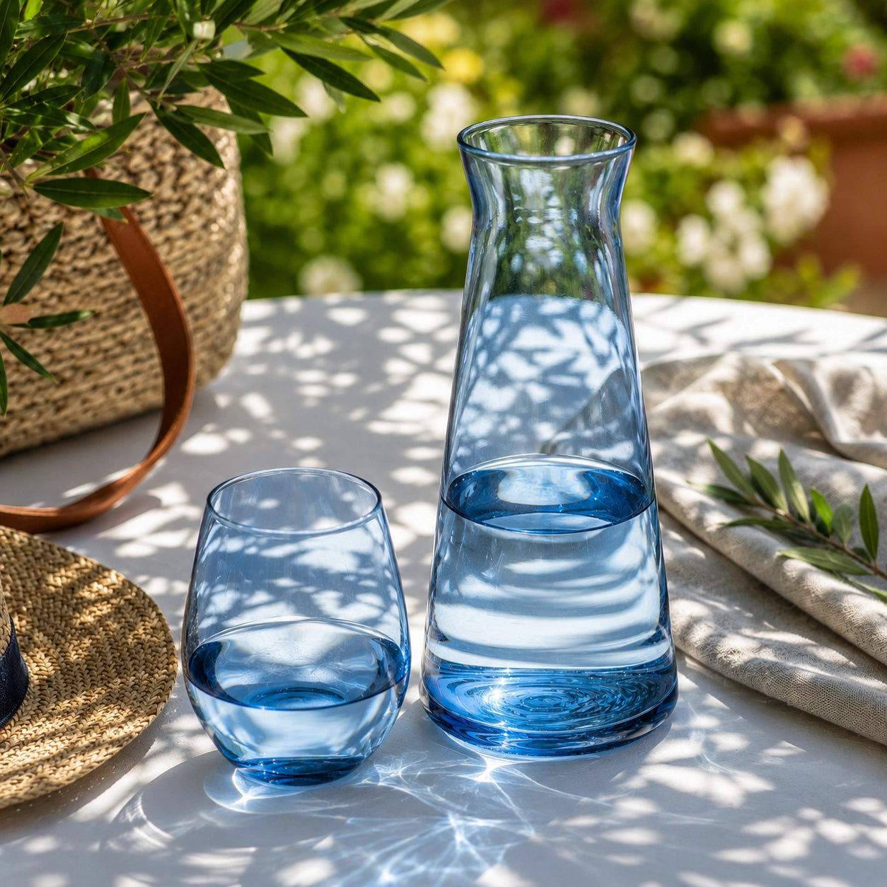 Glaskaraffe für Saft und Wasser, blau transparent, 1 l