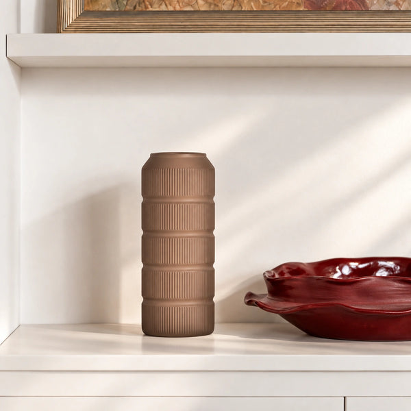 Decorative brown satin ribbed glass vase H25 cm