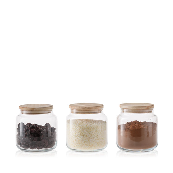 Trzy pojemniki szklane do przechowywania PURE z pokrywką drewnianą 10cm z produktami sypkimi w środku