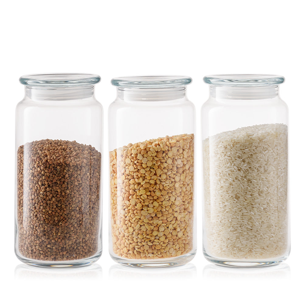 Zestaw trzech pojemników szklanych do przechowywania PURE z pokrywką szklaną 20 cm zawierający produkty sypkie
