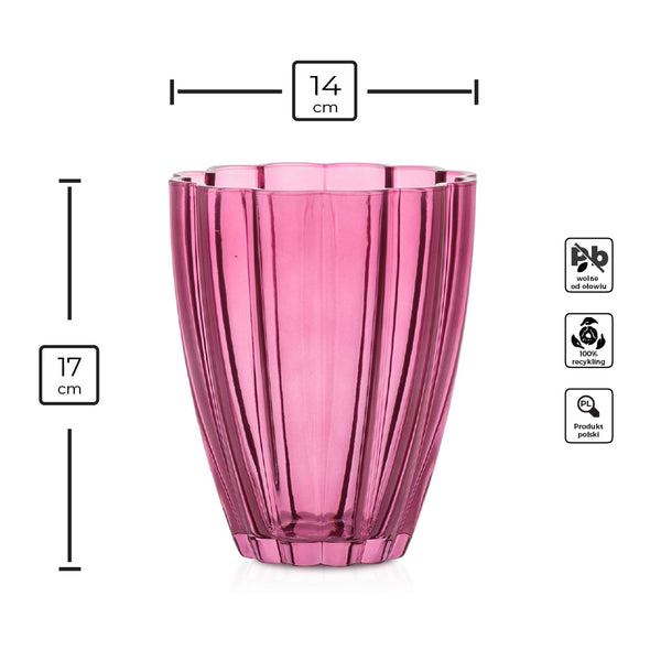 Wazon szklany o falowanej formie różowy transparent 17 cm