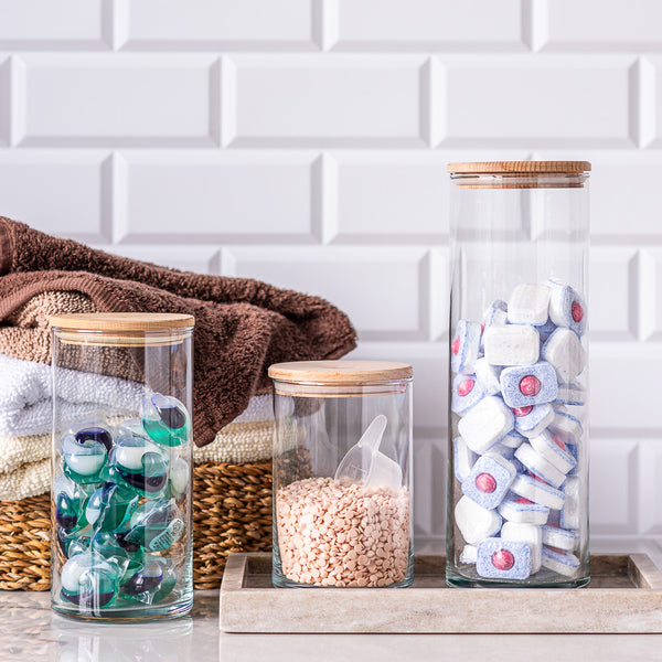 Pojemnik szklany do przechowywania PURE HOME z pokrywką drewnianą 15 cm