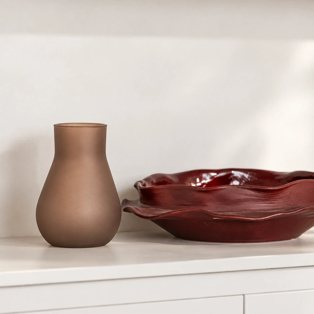 Decorative brown satin glass vase H14 cm