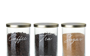 Pojemnik szklany na żywność z napisem Sugar Coffee Tea ze złotą pokrywką 1l zestaw 3 szt.