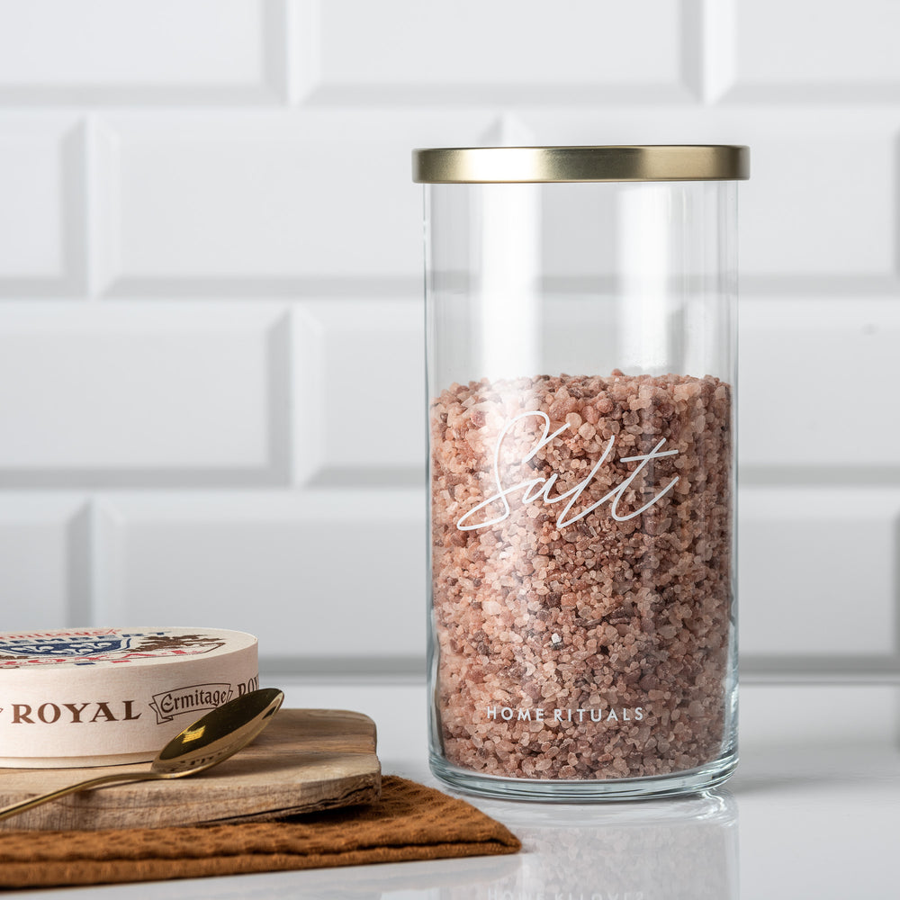 Pojemnik szklany na sól biały napis Salt złota pokrywka 1l