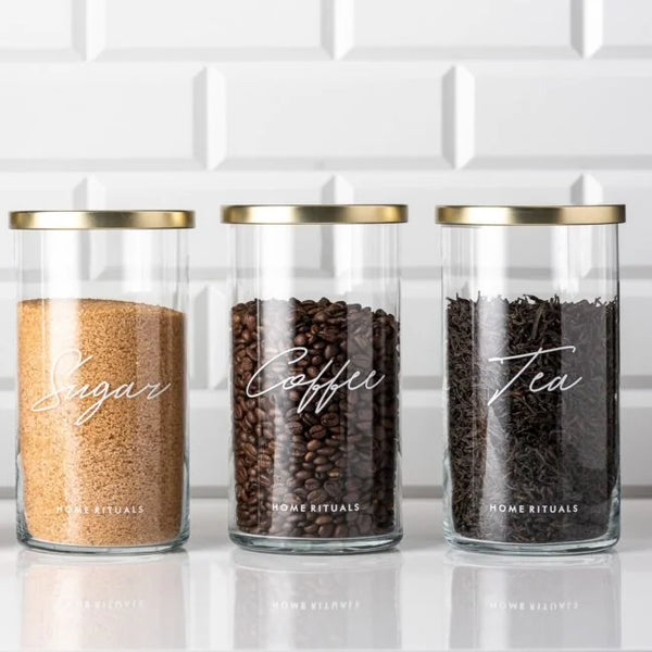 Pojemnik szklany na żywność z napisem Sugar Coffee Tea ze złotą pokrywką 1l zestaw 3 szt.