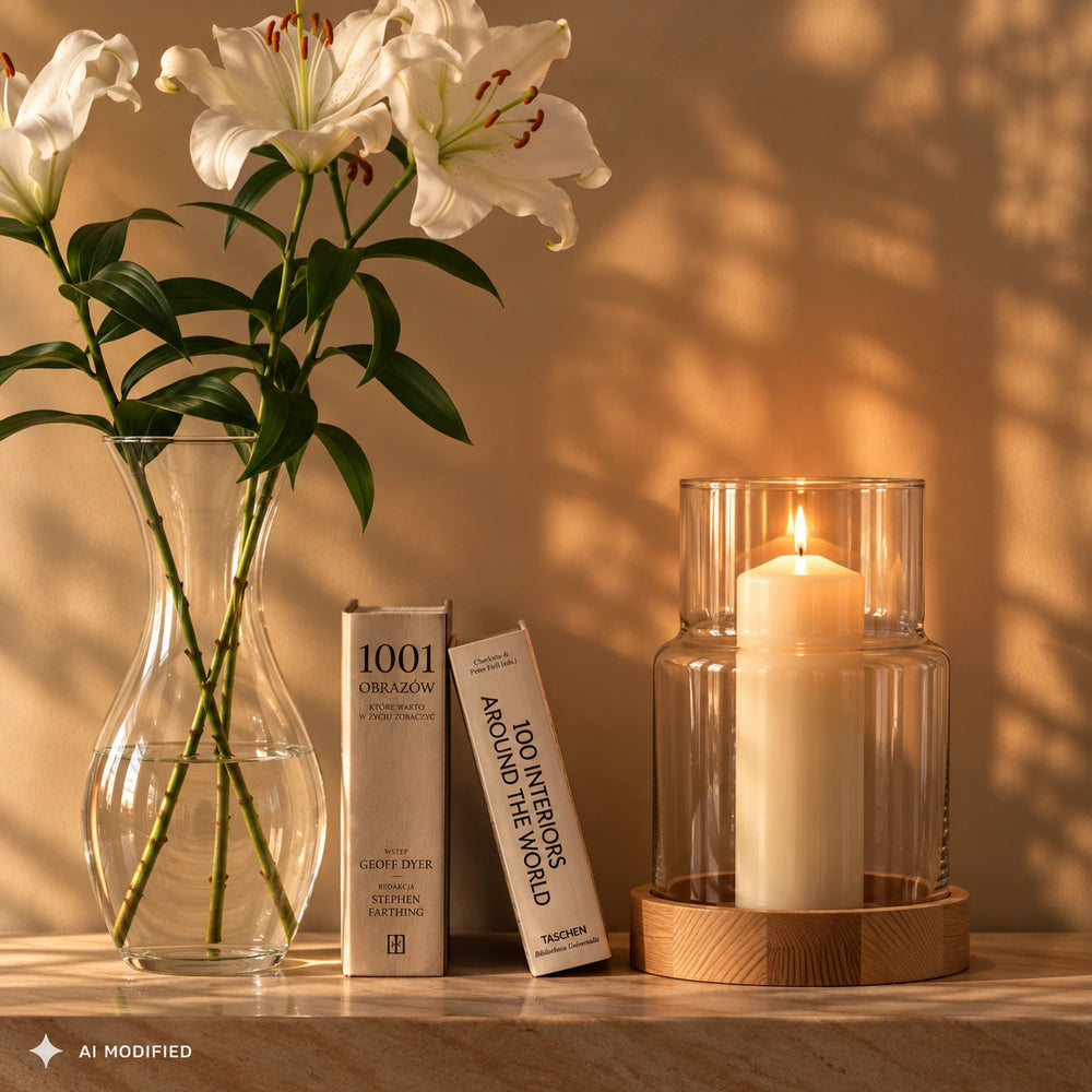 Tall glass decorative vase candle holder 30 cm with wooden base