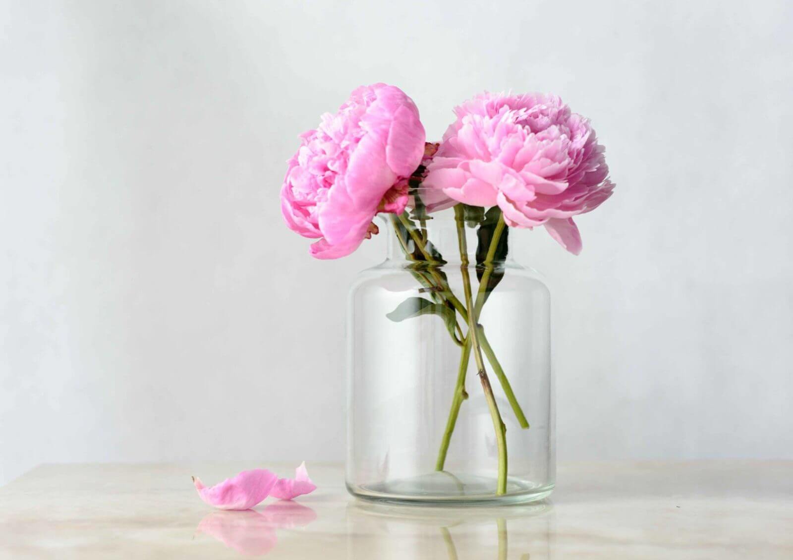Różowe kwiaty w wazoncie w kształcie słoja