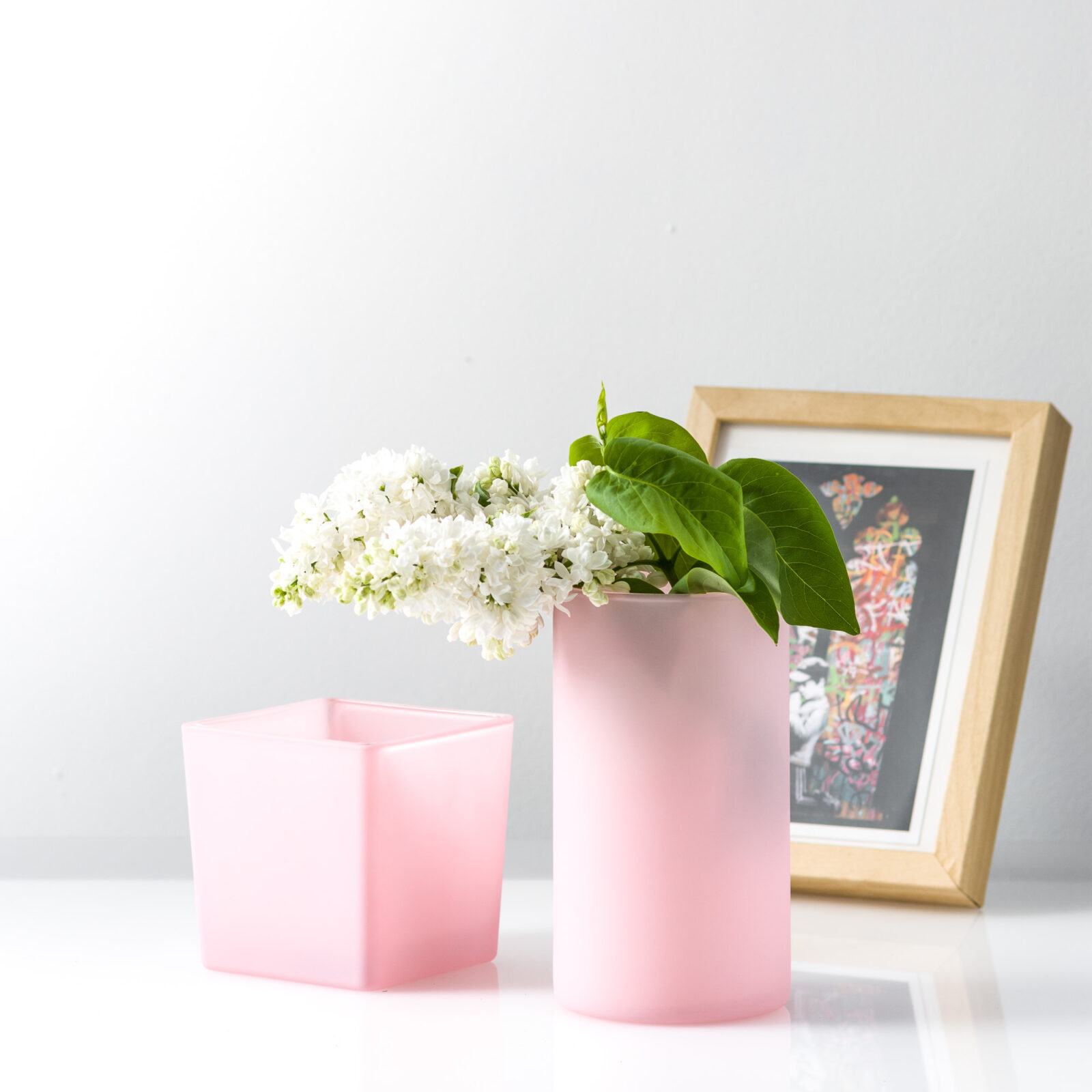 Dekoracja wazony szklane różowe z ramką do zdjęć
