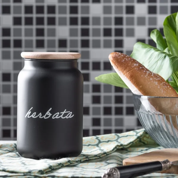 Pojemnik szklany czarny mat z napisem herbata 930 ml