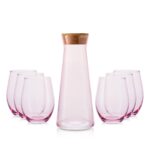 Zestaw różowa karafka szklana z korkiem + 6 szklanek