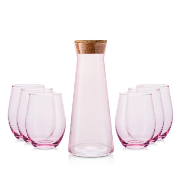 Zestaw karafka szklana z korkiem + 6 szklanek różowy transparent 345 ml