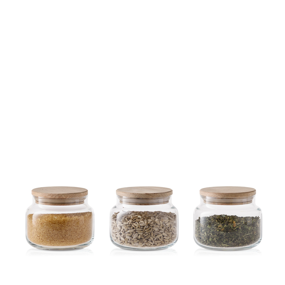 Zestaw pojemników szklanych do przechowywania PURE z pokrywkami drewnianymi 7,5 cm na żywność