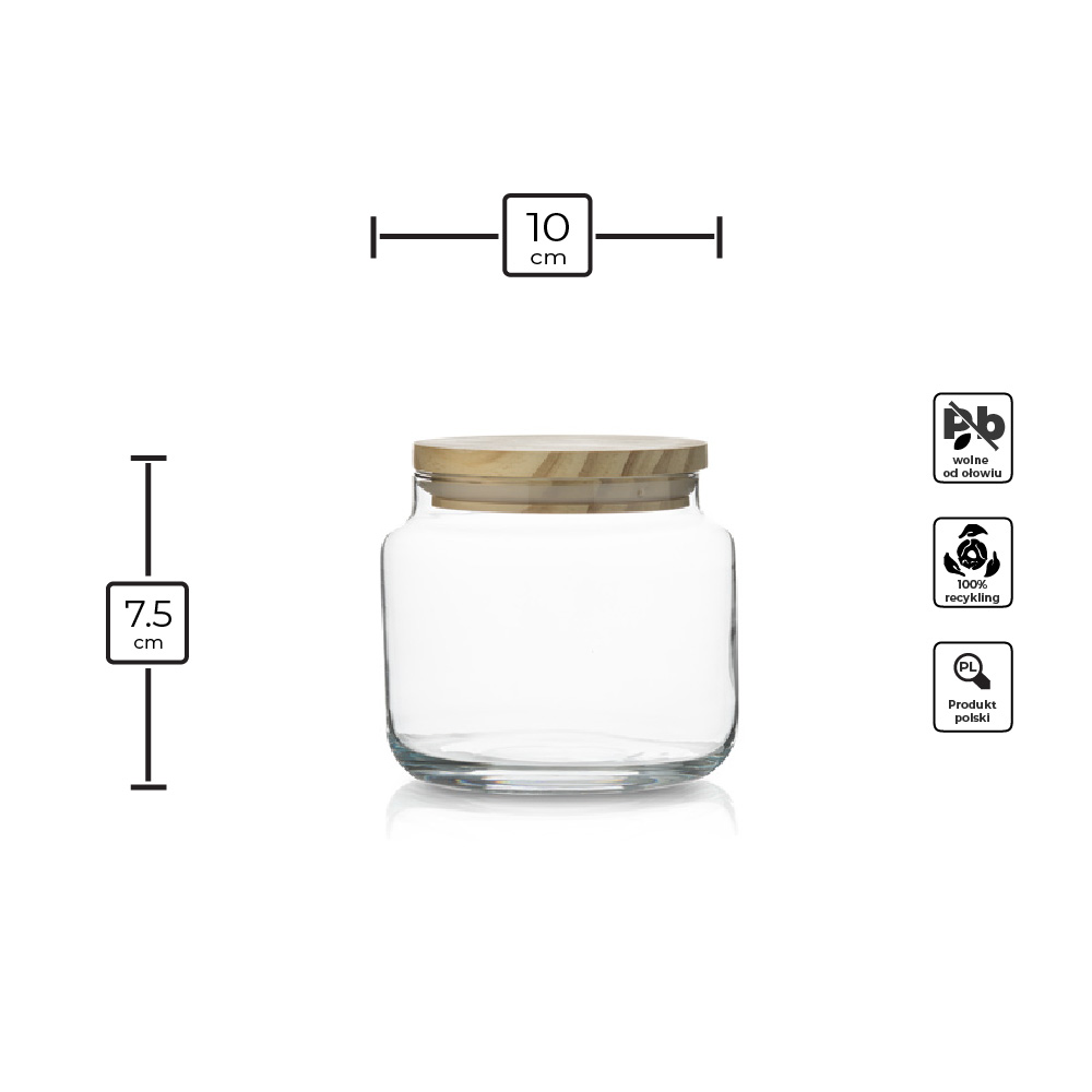 Pojemnik szklany do przechowywania PURE z pokrywką drewnianą 7,5 cm infografika