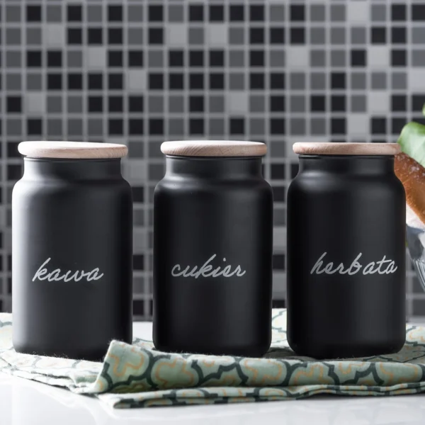 Pojemniki szklane czarny mat z napisem herbata kawa cukier 930 ml 3 szt.