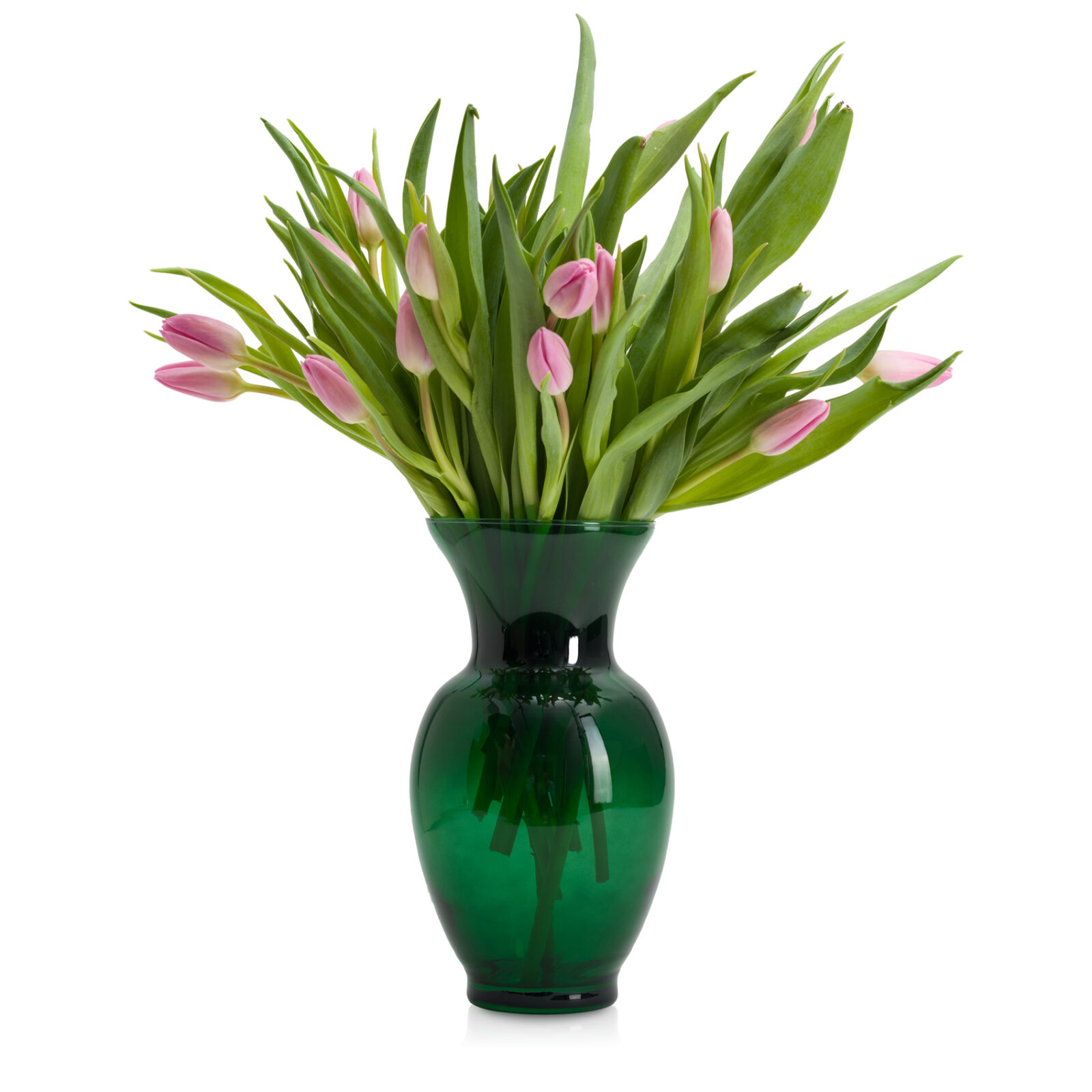 Zielony wazon szklany w kompozycji z tulipanami na białym tle