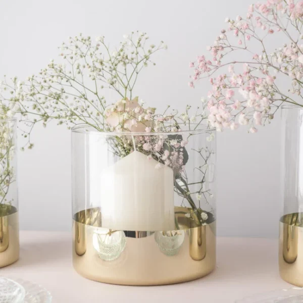 Wazon szklany świecznik z paskiem złotym H 21 cm.