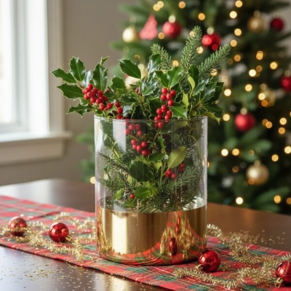 Wazon szklany świecznik z paskiem złotym H 21 cm.