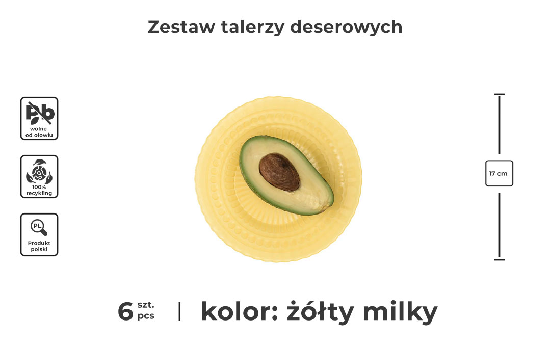 komplet talerzy deserowych w kolorze żółtym milky infografika