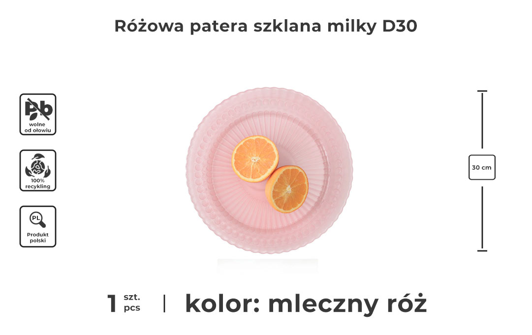 Różowa patera szklana - milky - średnica 30 cm - infografika