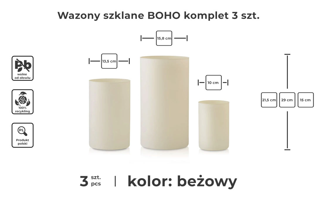 wazony szklane BOHO komplet beżowy - infografika produktowa