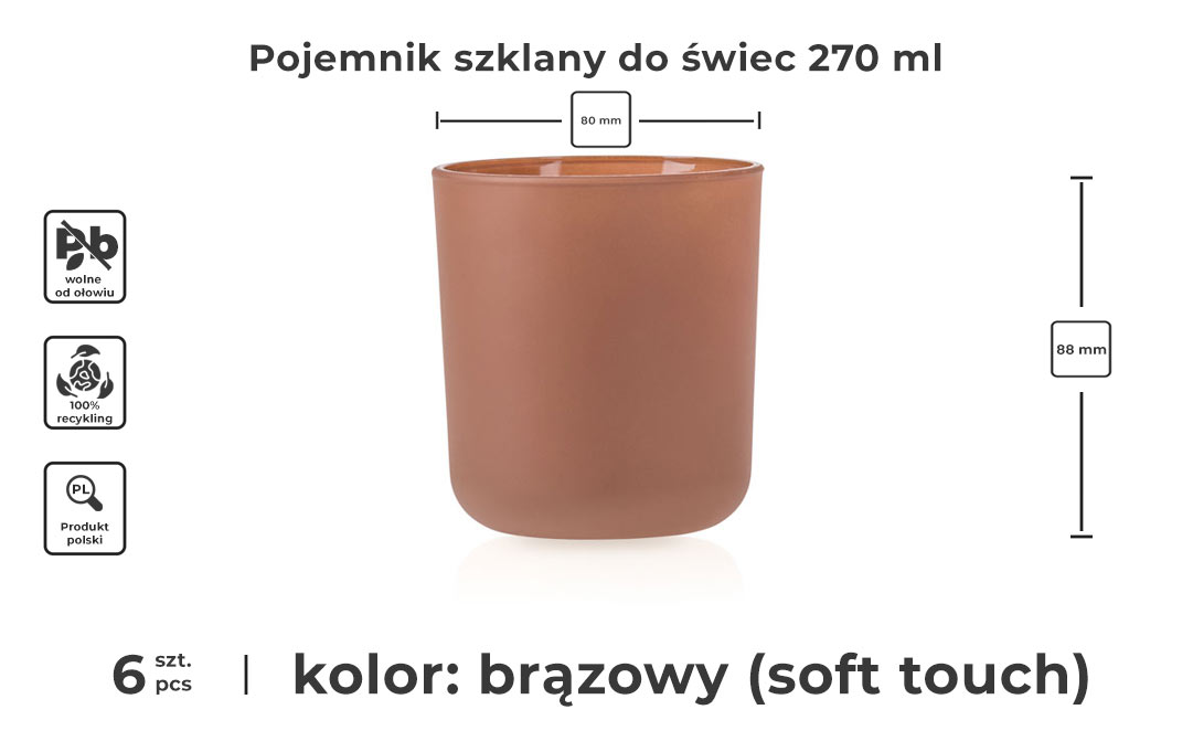 Brązowy pojemnik do zalewu świec soft touch inforgrafika