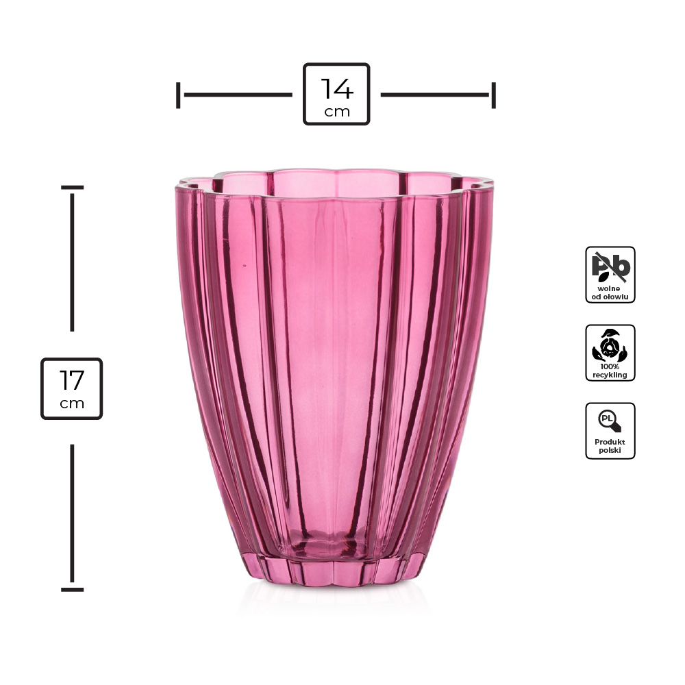 Wazon szklany o falowanej formie różowy transparent 17 cm