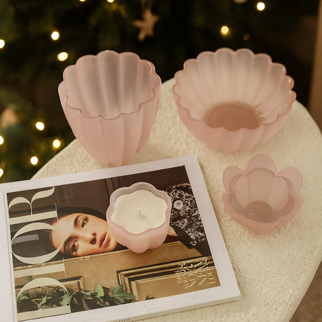 Dekoracyjny zestaw prezentowy różowy-wazon misa świecznik świeca