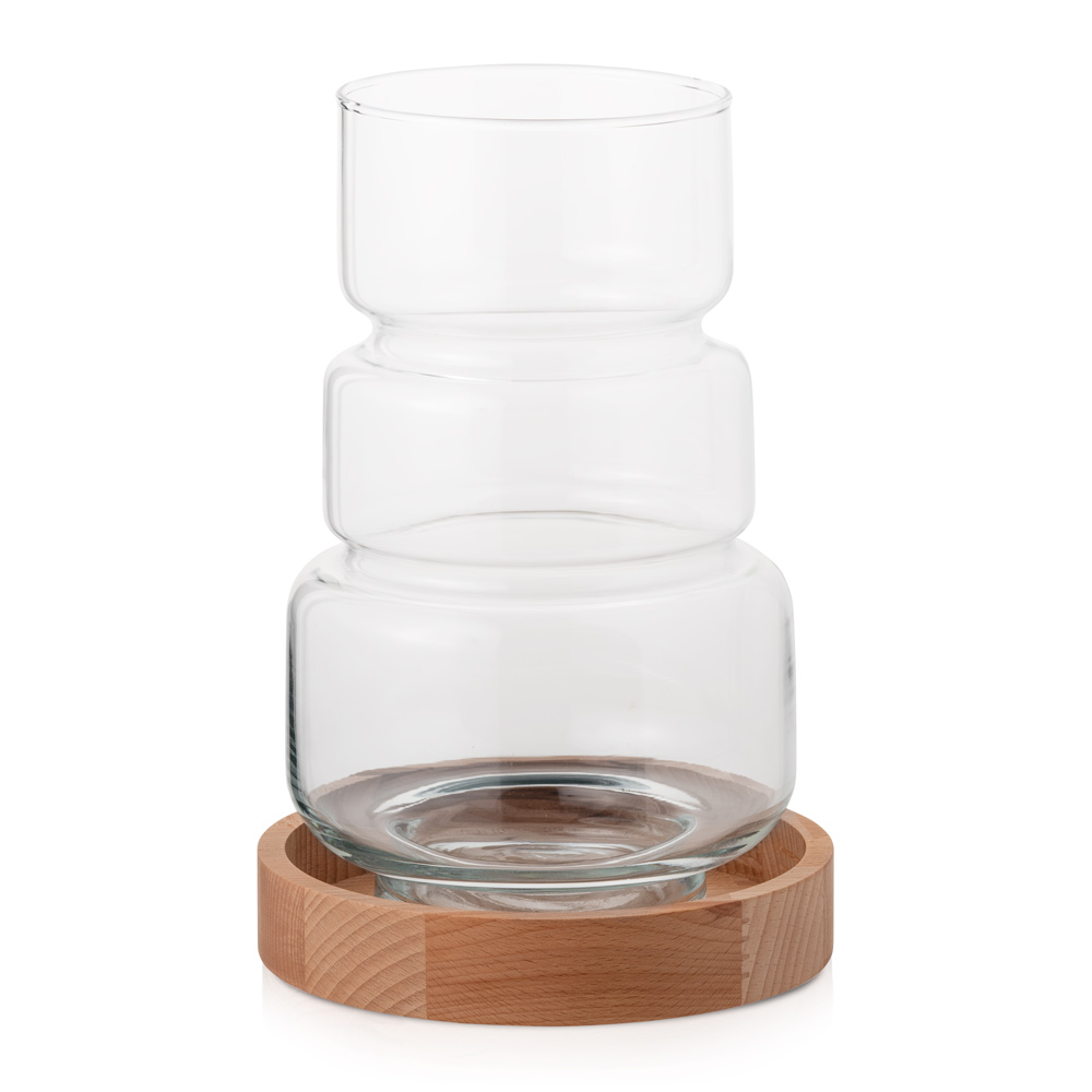 Świecznik szklany wazon dekoracyjny 30 cm z drewnianą podstawką