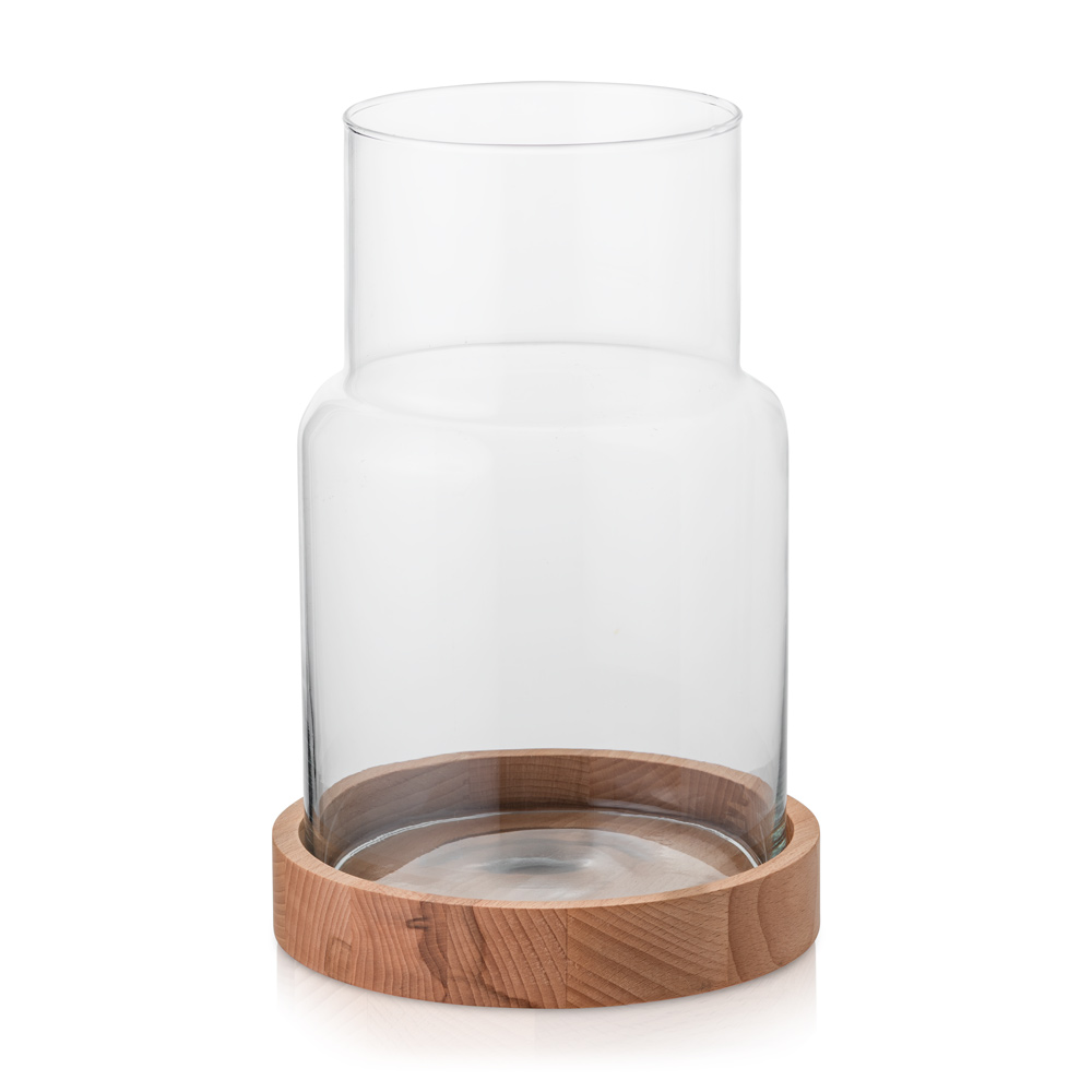 Świecznik szklany wazon dekoracyjny wysoki 30 cm z drewnianą podstawką