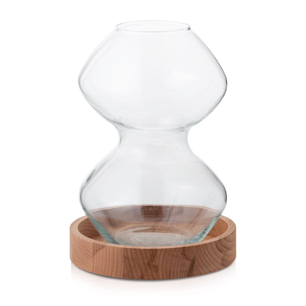 Świecznik szklany wazon dekoracyjny 28 cm z drewnianą podstawką