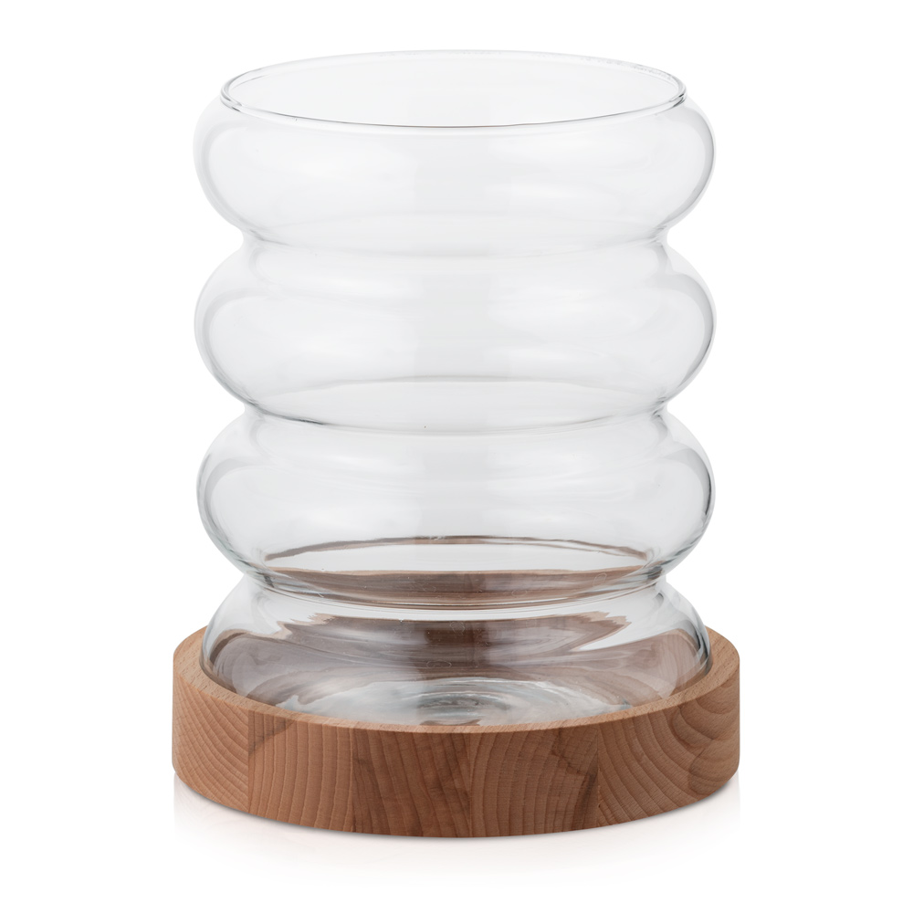 Świecznik szklany wazon dekoracyjny 24 cm z drewnianą podstawką