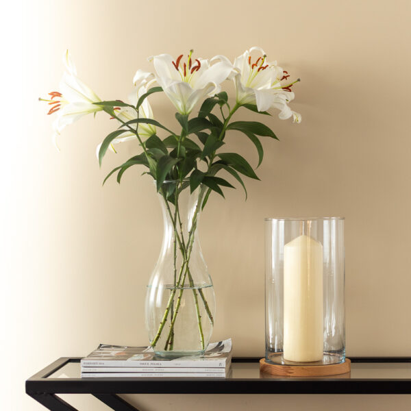 Świecznik szklany wazon cylinder H30 z drewnianą podstawką