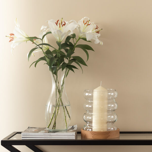 Świecznik szklany wazon dekoracyjny 24 cm z drewnianą podstawką