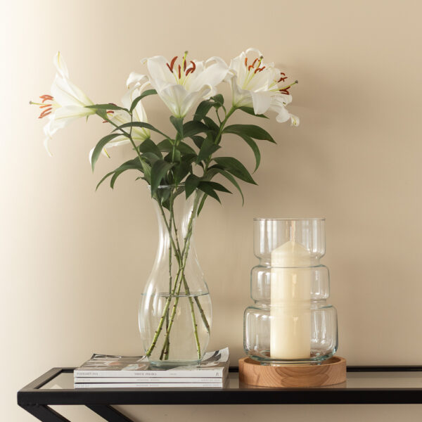 Świecznik szklany wazon dekoracyjny 30 cm z drewnianą podstawką