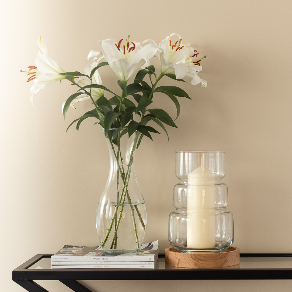 Świecznik szklany wazon dekoracyjny 30 cm z drewnianą podstawką