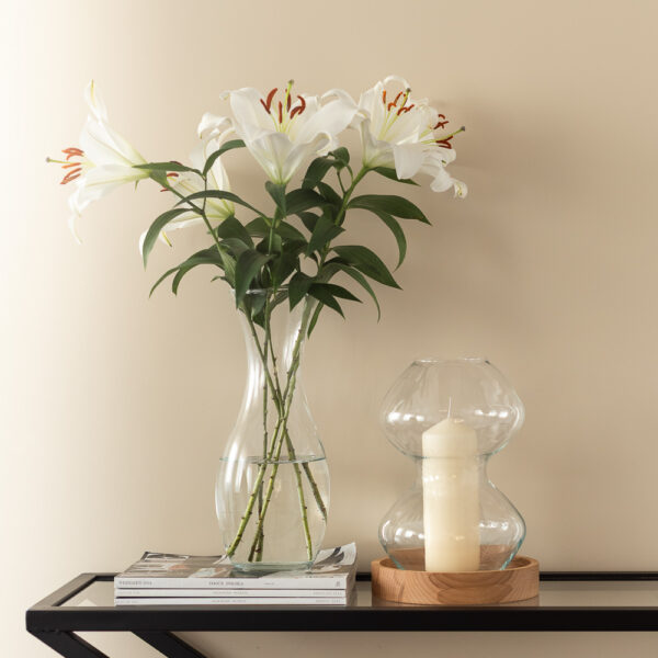 Świecznik szklany wazon dekoracyjny 28 cm z drewnianą podstawką