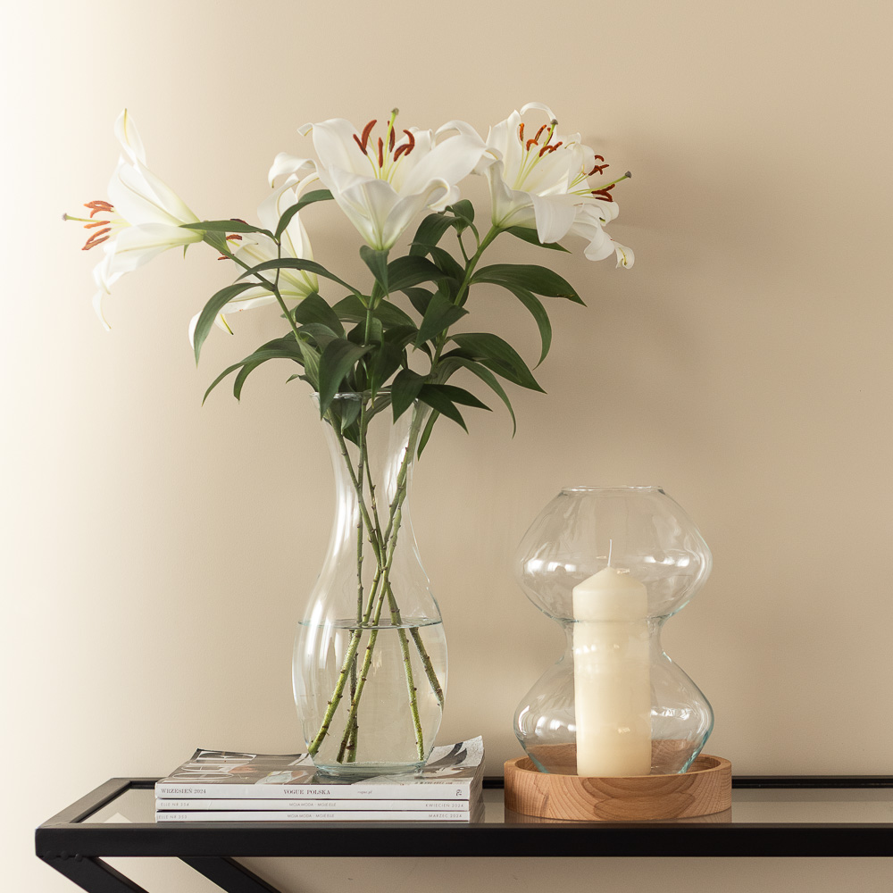 Świecznik szklany wazon dekoracyjny 28 cm z drewnianą podstawką