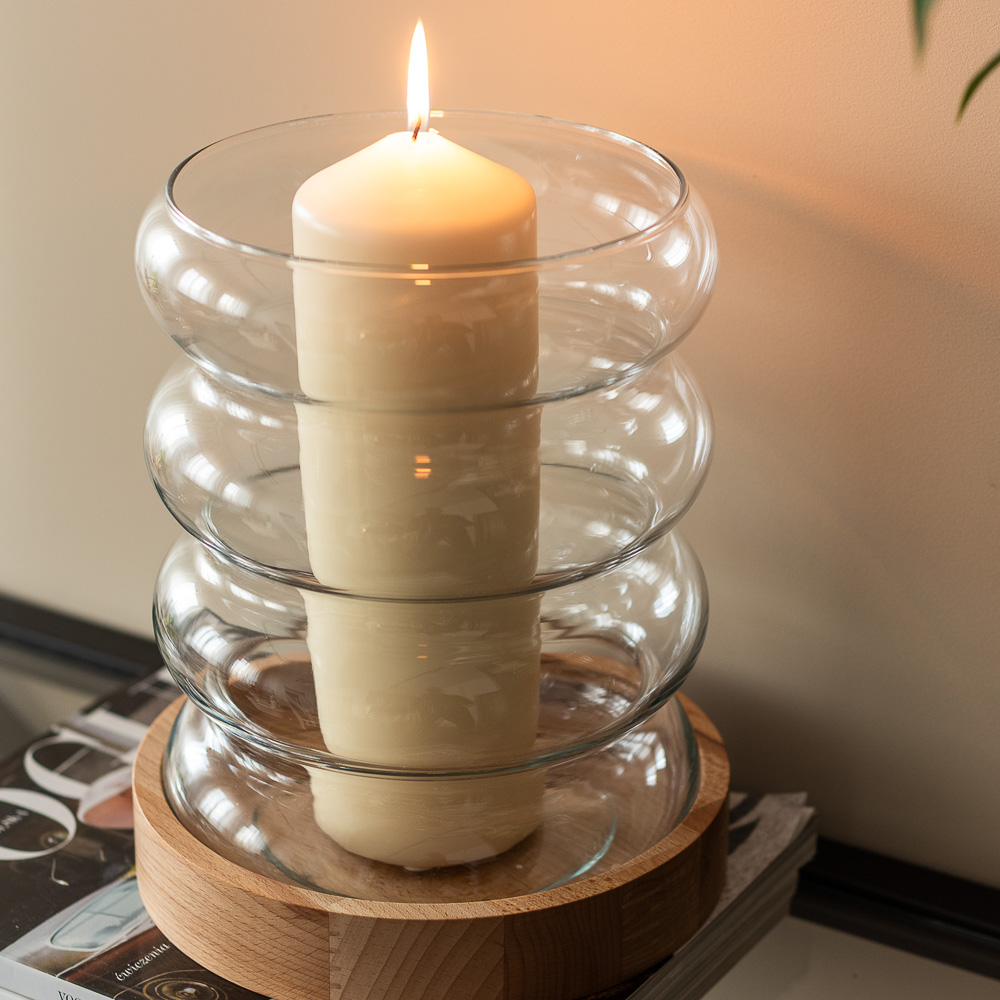Świecznik szklany wazon dekoracyjny 24 cm z drewnianą podstawką