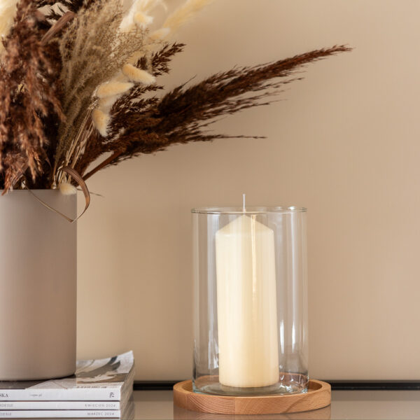Świecznik szklany wazon cylinder H21,5 z drewnianą podstawką