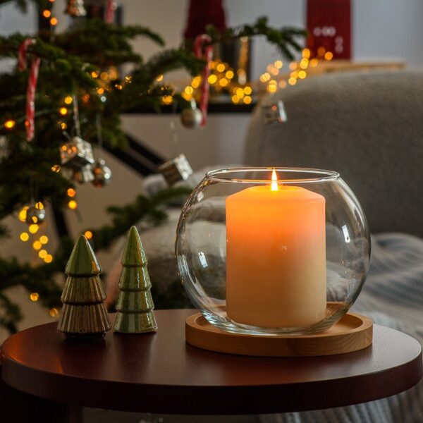 Świecznik szklany kula D18 z podstawką drewnianą