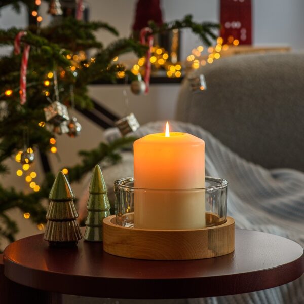 Świecznik szklany misa szer. 19 cm z drewnianą podstawką