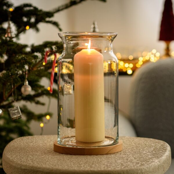 Świecznik szklany wazon słój H30 z drewnianą podstawką