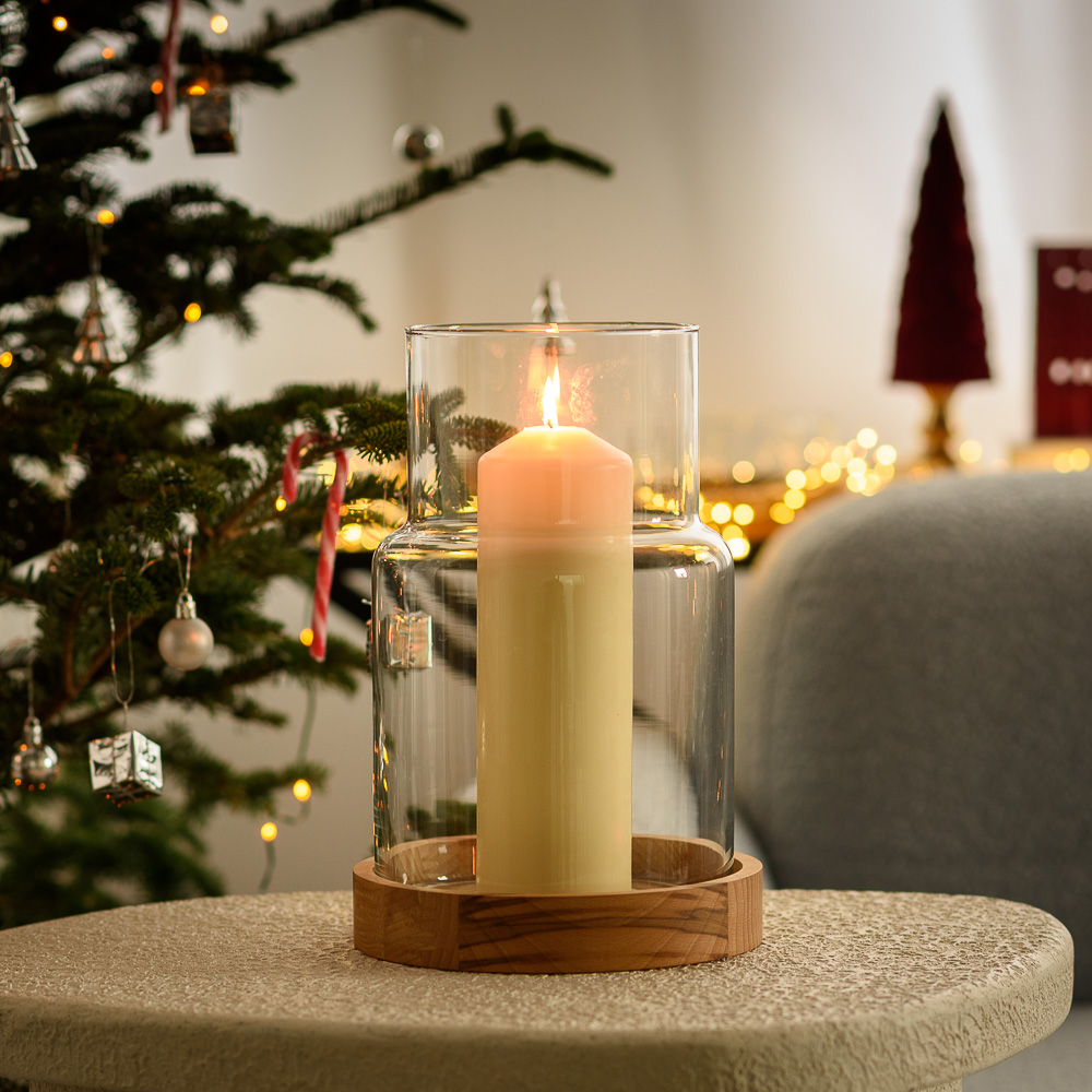Świecznik szklany wazon dekoracyjny wysoki 30 cm z drewnianą podstawką