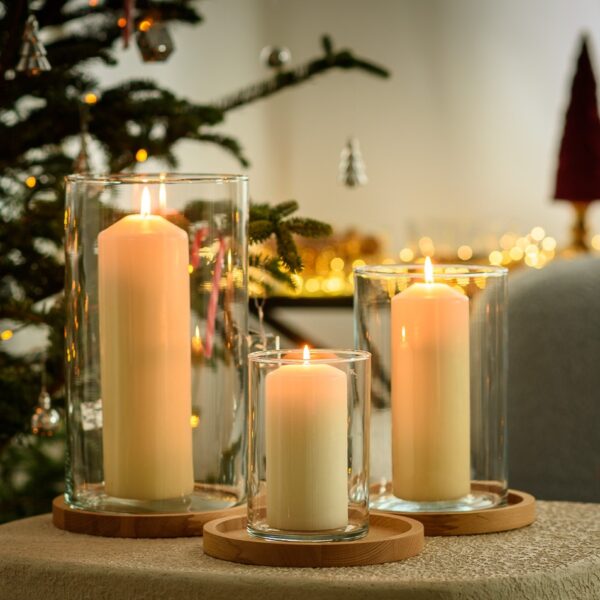 Zestaw świeczników cylindrów szklanych 30-21-15 cm z drewnianą podstawką