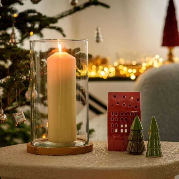 Świecznik szklany wazon cylinder H30 z drewnianą podstawką