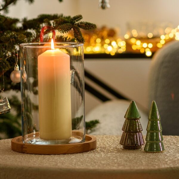 Świecznik szklany wazon cylinder H21,5 z drewnianą podstawką