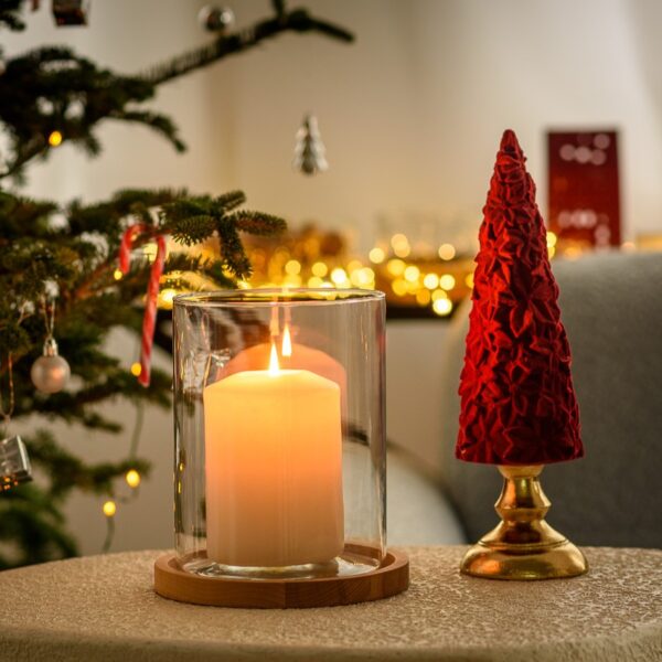 Świecznik szklany wazon cylinder H20 z drewnianą podstawką H1,8