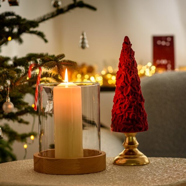 Świecznik szklany wazon cylinder H20 z drewnianą podstawką H3,8