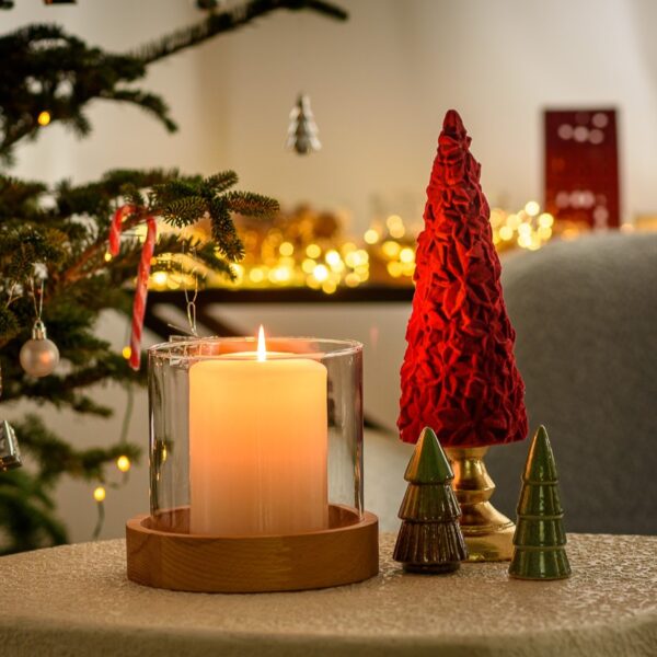 Świecznik szklany wazon cylinder H15 z drewnianą podstawką H3,8